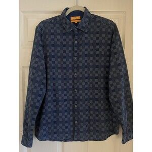 ColorPlus Men's Blue Chambray Blue Checkered Shirt Sz L Damier Style Luxury